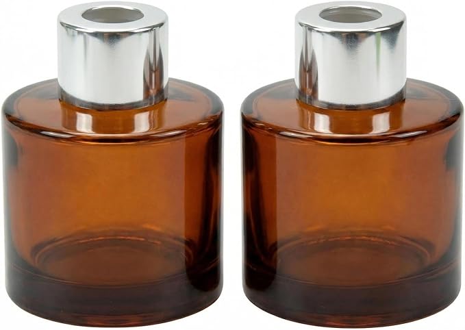 2Pcs 50ml/1.7oz Empty Refillable Amber Round Glass Diffuser Bottle with Silver Lid Diffuser Jars Containers Fragrance Accessories Use for DIY Home Crafts Decor