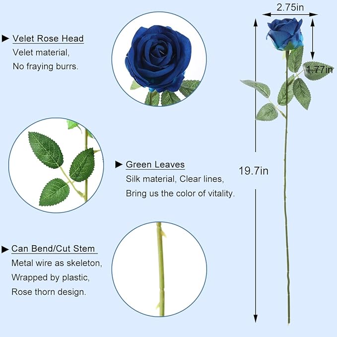 12Pcs Blue Roses Artificial Flowers Fake Roses Faux Velvet Silk Flower for Home Wedding Decoration (Pearl Rose, Blue)