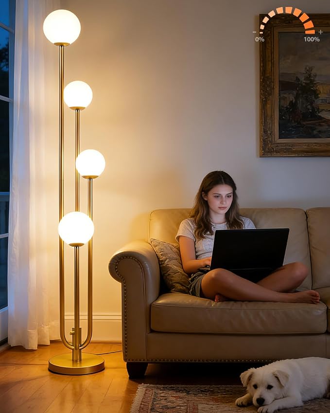 63IN 4-Light Dimmable Floor Lamp, Unique Gold Tall Standing Lamps with 3000K Bulbs for Reading, Mid Century Modern Floor Lamp with 5Lbs Heavy Base for Living Room Bedroom Home Office