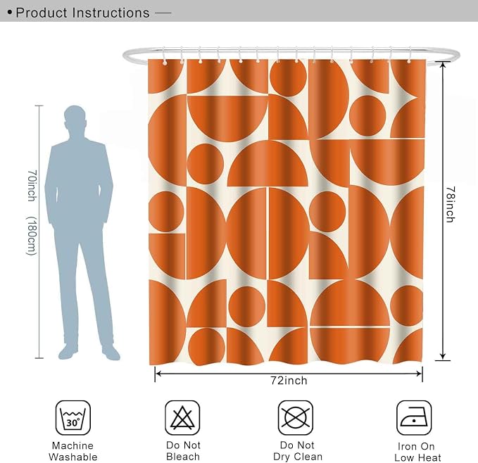 Vintage Orange Mid Century Modern Shower Curtain Boho Abstract Geometric Art Shower Curtains for Bathroom Decor 72x78 Inch 70s 80s Retro Washable Fabric Bathroom Set with 12 Hooks