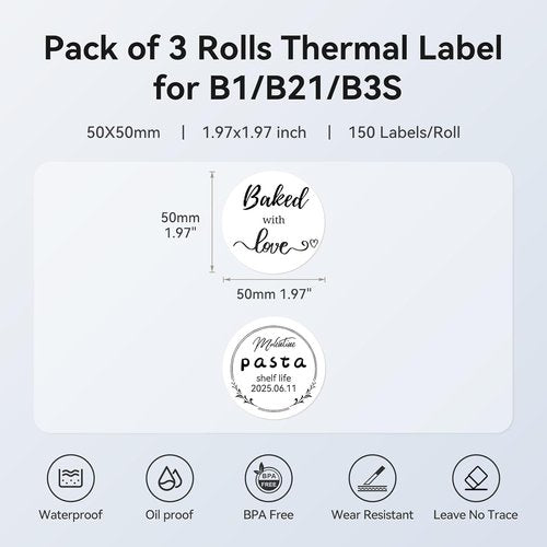 NIIMBOT Label Tape Rolls - 1.97" x 1.97" Waterproof Thermal Labels for B1/B21/B3S Printer | White, 3-Pack