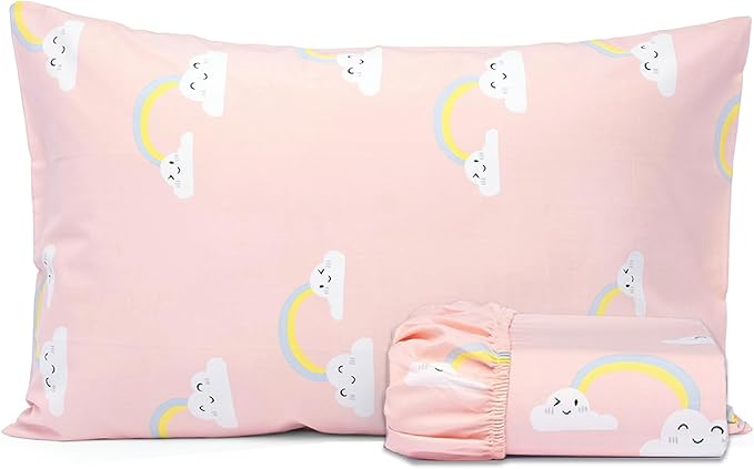 Salt Earth 100% Cotton 210TC Kids Bedsheet, Twin Fitted Sheet, Toddler Bed, 2 Piece Bedding Set- 1 Fitted Sheet and 1 Pillowcase, Themed Toddler Bed Sheets, Cute Sheets for Kids Bed (Rainbow)