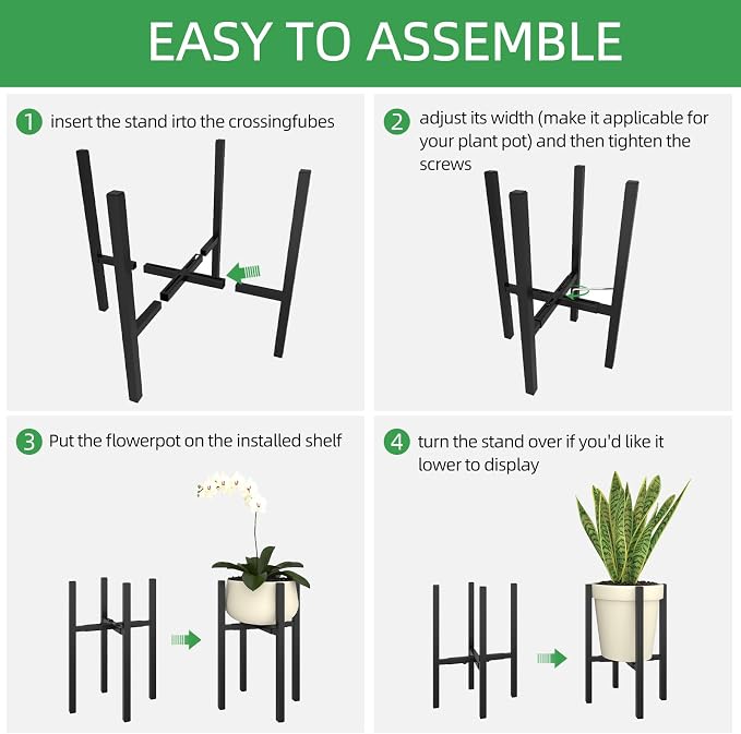 Adjustable Metal Plant Stand Indoor, Fits 9-15 Inch Pots, Mid Century Modern Gold Planter Holder,2 Heights, Heavy Duty 160 lb, Indoor Outdoor Corner Floor Pot Stand, Black