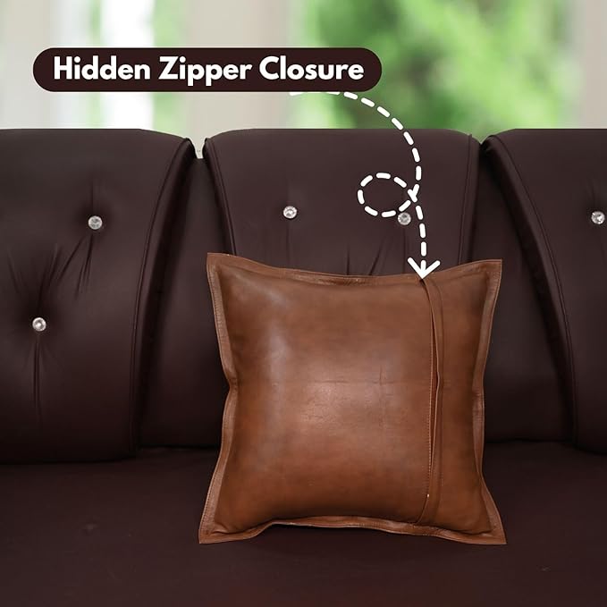 D DOLLY LAMB Lambskin Leather Pillow Cover - Sofa Cushion Case - Decorative Throw Covers for Living Room & Bedroom, 18x18 Inches - Dark Antique Brown Box