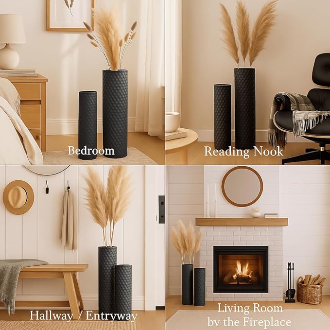 Leewadee Black Tall Floor Vase, Set of 2 Decorative 24/19″ Large Black Vases from Metal for Home Decor Living Room, Style with Pampas Grass for Modern, Vintage, Rustic or Farmhouse Room Decor