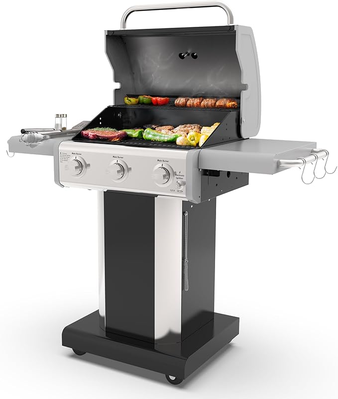Kenmore 3-Burner Propane BBQ Grill, 30,000 BTUs Gas Grill with Cast Iron Cooking Grates, Folding Side Tables & Wheels, Outdoor Grill with Tool Hooks, Black