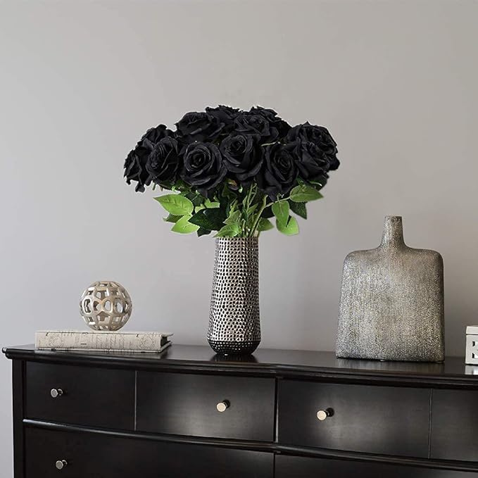 Kisflower 12PCS Black Roses Artificial Flowers Fake Roses Glitter, Silk Roses with Stems Realistic for Halloween Decorations Wedding Party Office Home Decor (Black)