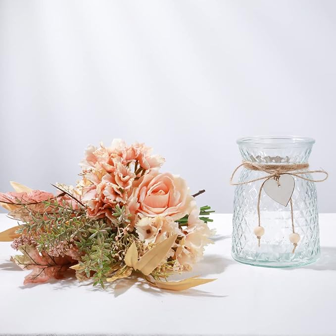 Silk Rose Flowers in Vase, Artificial Flowers Arrangement with Glass Vase Faux Hydrangea Rose for Decoration Table Centerpiece (Hydrangea Rose Pink)