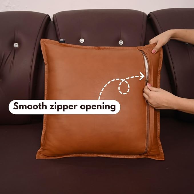 D DOLLY LAMB Lambskin Leather Pillow Cover - Sofa Cushion Case - Decorative Throw Covers for Living Room & Bedroom, 14x14 Inches - Camel Antique Box