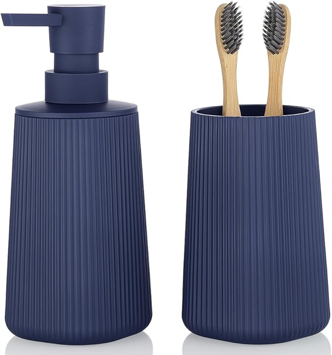 YAUKPH Bathroom Accessories Set 2 Piece Soap Dispenser and Toothbrush Holder for Bathroom Countertop Striped Blue