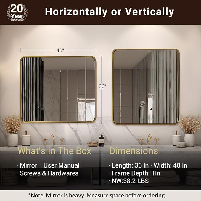 ANDY STAR 40x36 Inch Gold Bathroom Mirror, Brushed Gold Mirrors for Wall in Anti-Rust SUS304 Tube Metal Frame, Rounded Rectangle Mirrors 1’’ Deep Wall Mounted Vertically/Horizontal for Bathroom