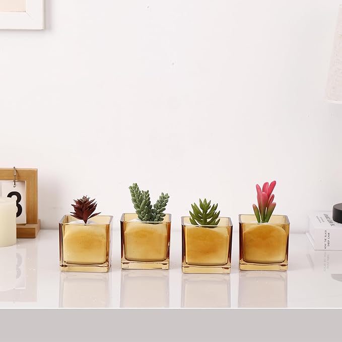 MARTAGE Square Flower Vases Set of 9, 3"x 3"x 3" Glass Vases for Centerpieces, Amber Vase for Flowers, Small Vase for Wedding, Party, Home Office Decoration