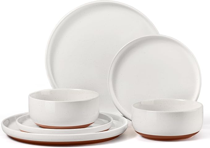 E-far 6-Piece Stoneware Dinnerware Sets, Plates and Bowls Sets for 2, Ceramic Dishware Dishes Set with Terracotta Base, Chip & Scratch Resistant, Microwave & Dishwasher Safe, Speckled White