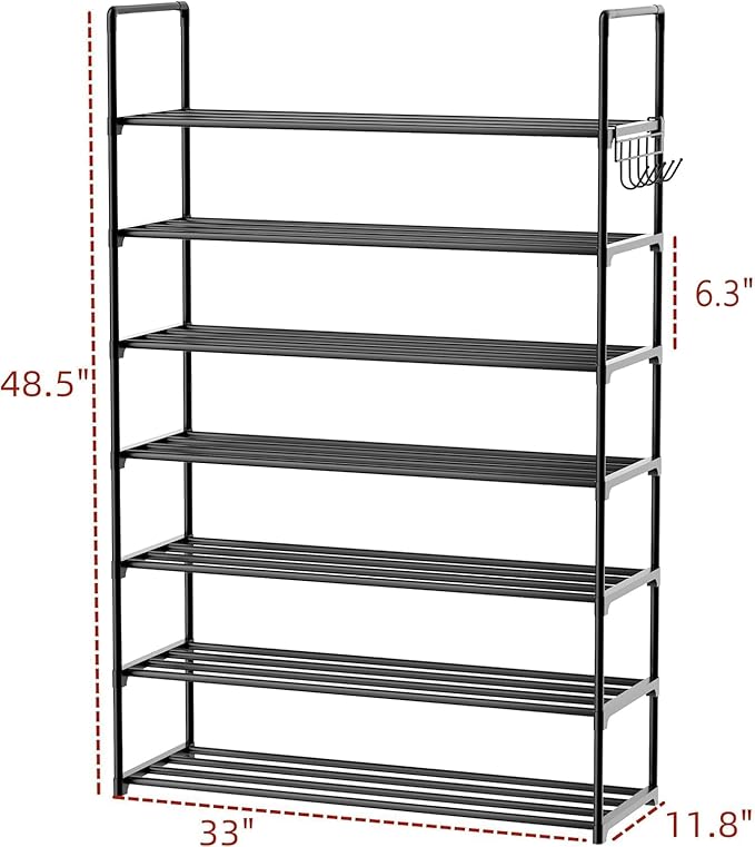 HOMICKER Metal Shoe Organizer,7 Tiers Shoe Storage Shoe Rack with Hooks,Fit 24-30 Pairs,Adjustable Shoe Shelf for Entryway,Hallway,Bedroom,Metal Bottom Support