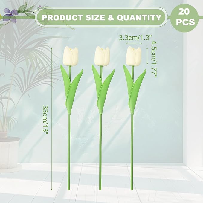 uxcell 20pcs Tulips Artificial Flowers, Faux Flowers Silk Fake Tulip Stems Real Touch for Wedding Bouquet Centerpiece Table Party Decoration(Cream White)
