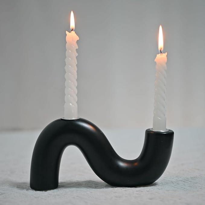 Ceramic Candle Holder, Modern Taper Candlestick Holder for Dining Table, Living Room Coffee Table, Candelabra for 2 Taper Candles-Black