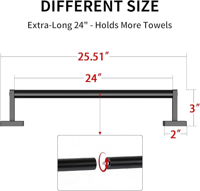 MKO Towel Bar for Bathroom, 24" Hand Towel Holder Rod with Metal, Black Towel Racks for Bathroom Hanger Wall Mounted for Home Essentials, 2 Pack