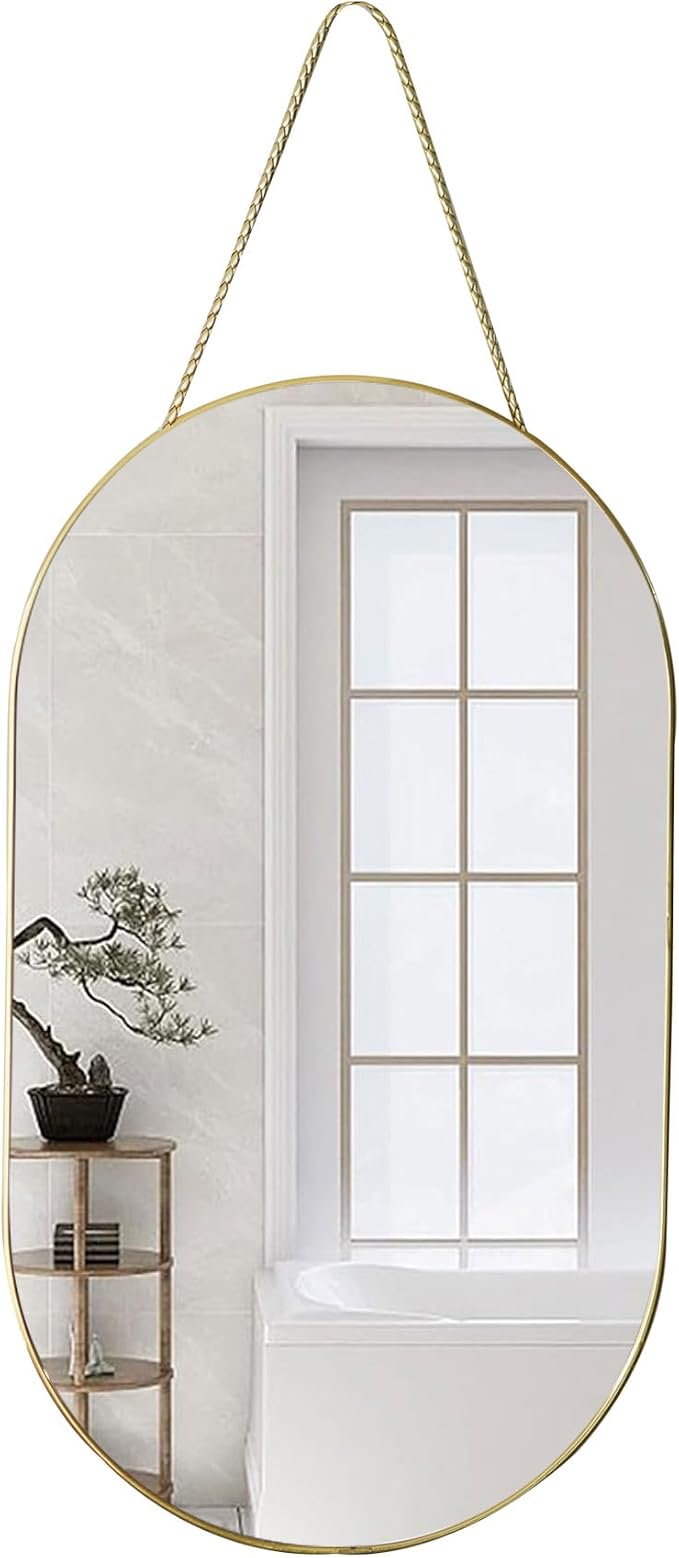 Oval Wall Mirror with Lanyard, High Definition Bathroom Mirror for Bathroom, Hallway, Living Room (Gold, 11.61x18.9inch)