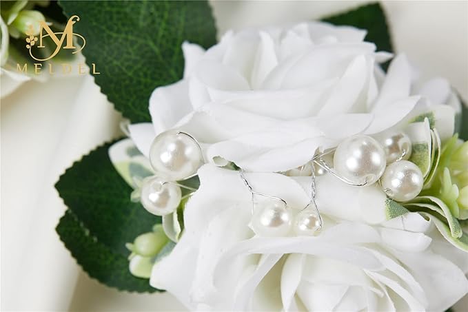 Meldel White Ivory Rose Floral Shoulder Corsages & Boutonniere for Men Wedding, Set of 6, Bride Bridal Bridesmaid Groom Groomsmen Boutineers for Ceremony Anniversary Party Prom Boutonniere