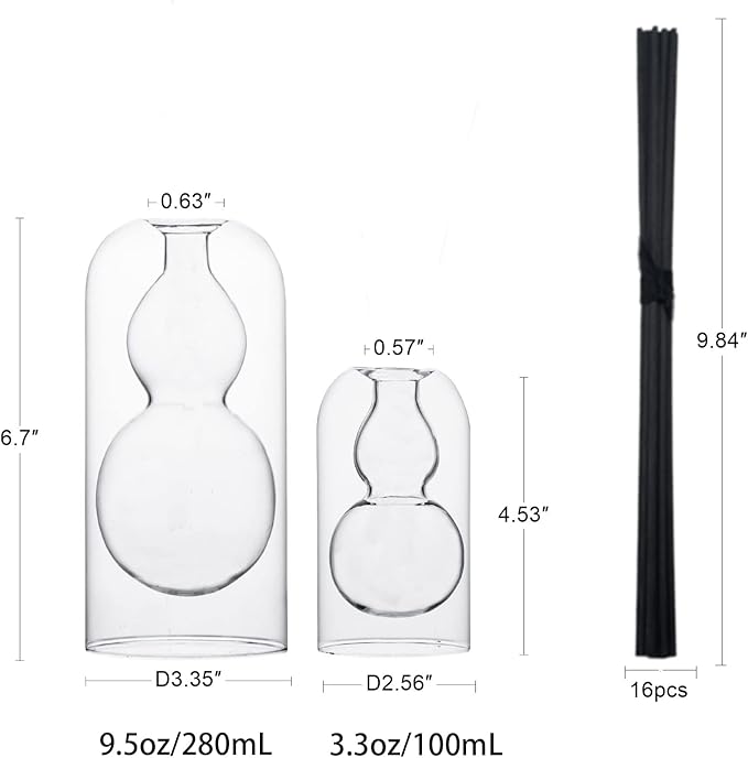 Empty Glass Fragrance Reed Diffuser Bottles,for Essential Oil, with 16pcs Black Reed Sticks,Minimalist Decor,2pcs/Set.