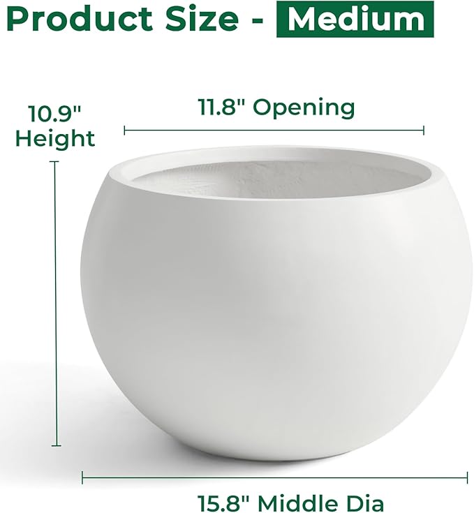 Fiberstone Sphere Planter, 15.8" Dia Round Flower Pot with Drainage Hole and Removable Plug, Plant Pot for Indoor Outdoor Use, 11.8" Opening-10.9" H Medium, White