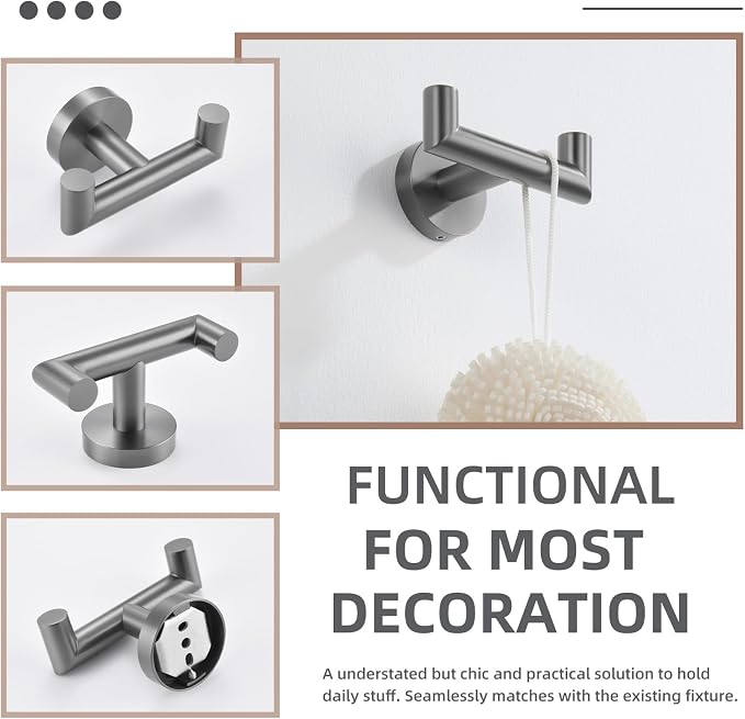 Angle Simple Double Towel Hook, SUS304 Stainless Steel Bathroom Robe Hook for Wall, Hand Towel Holder, Gunmetal Gray