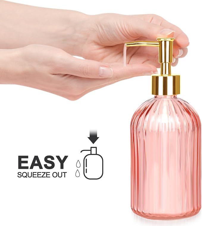 Haturi Bathroom Accessories Set, 4 Pcs Pink Glass Bathroom Accessories Sets Complete w/Lotion Soap Dispenser, Toothbrush Holder, Apothecary Jar, Vanity Tray, Bathroom Decor, Gift for Home Apartment