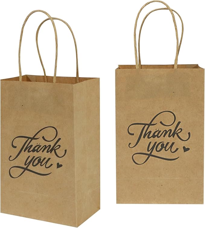 bagmad 100 Pack 5.25x3.25x8 Inch Small Brown Paper Gift Bags with Handles Bulk, Thank You Kraft Paper Bags for Party Favors Grocery Retail Shopping Wedding Craft Cub Sacks (Plain Natural, 100pcs)