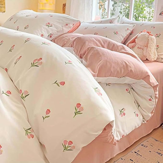 Nayoroom Pink Floral Duvet Cover Full Size Coquette Tulip Printed on White Reversible Comforter Cover 3 Pcs Girls Cottagecore Bedding Set with Pillow Sham Soft Lightweight Microfiber