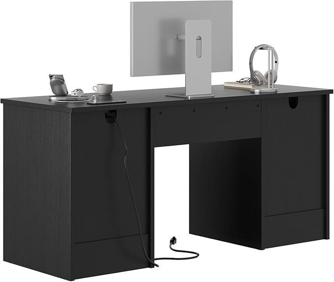 Bestier 59” Computer Desk with 4 Drawers, Office Desk with Storage, Modern Executive Desk with Charging Station, Keyboard Tray & Wooden Pedestals on Both Sides for Home Office & Studio, Black