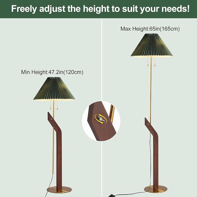 Floor Lamps for Living Room,Mid Century Modern Wood Floor Lamp | Height Adjustable, Tall Standing Dual Lamp Heads, Gold Finish, Living Room Bedroom Office Study Room