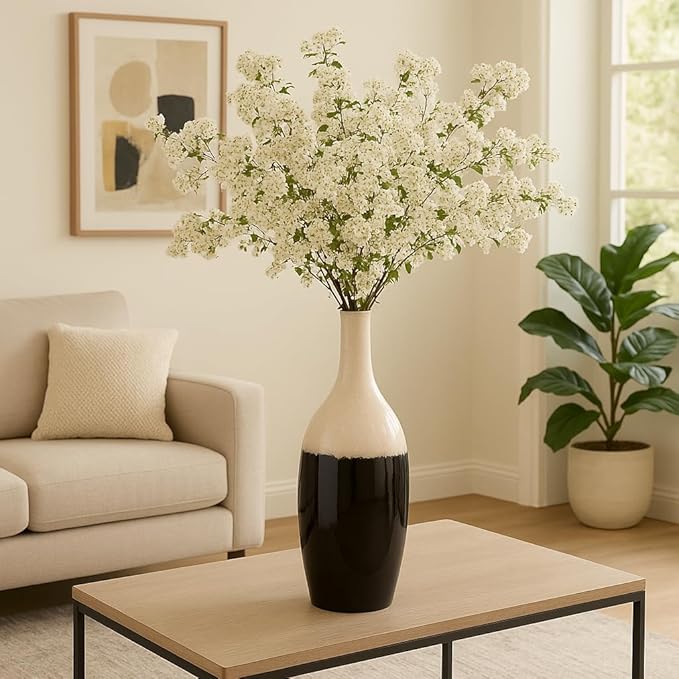 Ceramic Vase for House and Bedroom Decor– Elegant Flower Vase for Table and Room Accent – Modern Floor Piece for Living Room, Home, and Office Decor Display - 31" White & Black