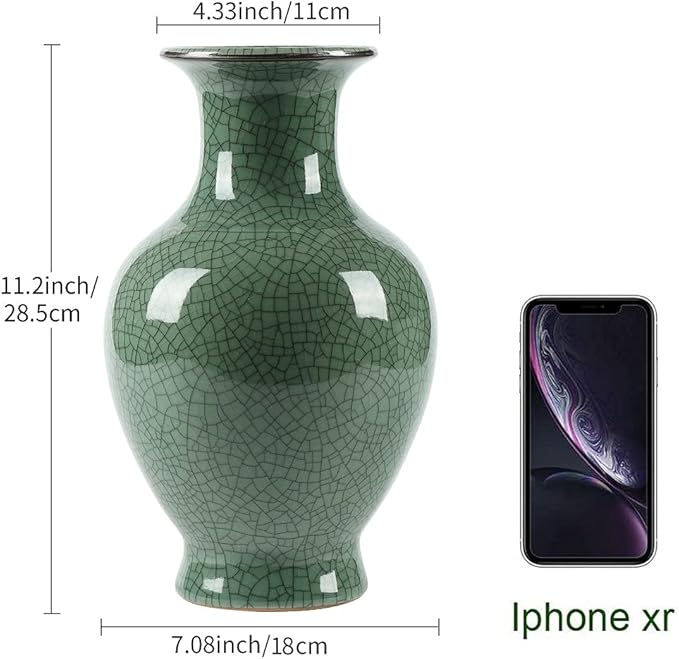 Chinese Ceramic Art Handmade Antique ice Crack Glaze vases Big China Porcelain Flower Bottle Vase for Home Decoration(Green)