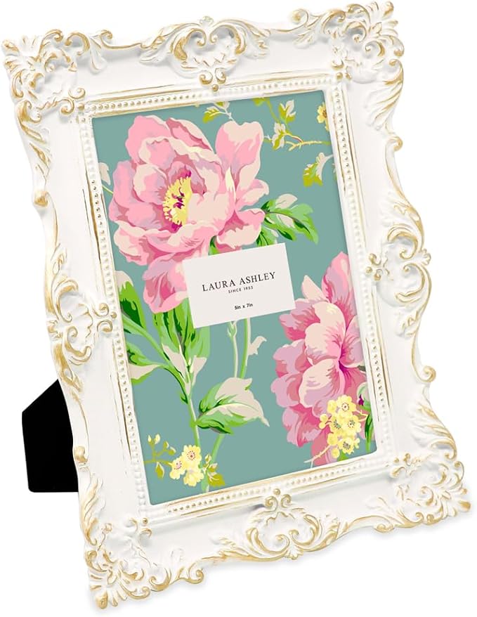 Laura Ashley 5x7 White & Gold Ornate Textured Hand-Crafted Resin Picture Frame w/Easel & Hook for Tabletop & Wall Display, Decorative Floral Design Home Décor, Photo Gallery, Art (5x7, White/Gold)