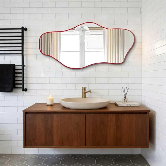 Irregular Frameless Mirror, 35.8"x17.7" Asymmetrical Tempered Glass Mirror, Modern Organic Shaped Wall Mirrors for Entryway Bedroom Living Room Bathroom, Horizontal or Vertical Hanging