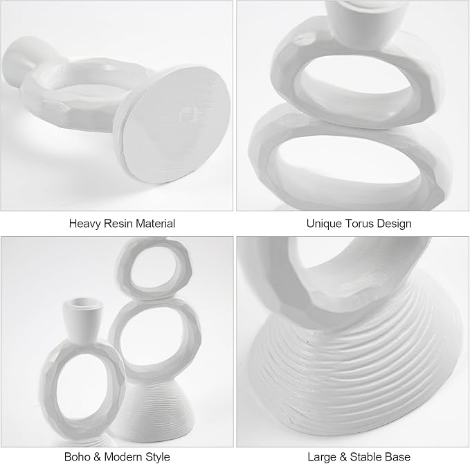 White Taper Candle Holders for Candlesticks, Unique Decorative Candlesticks Holder Home Decor Set of 2 for Fall Thanksgiving Wedding Table Centerpiece Decorations, Modern Aesthetic Room Decor（Resin）
