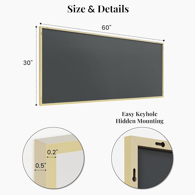 60"x30" Gold Landscape Bathroom Mirror for 60-72 inch Double Vanity, Shatterproof Tempered Glass, Narrow Metal Frame, Ultra-Flush