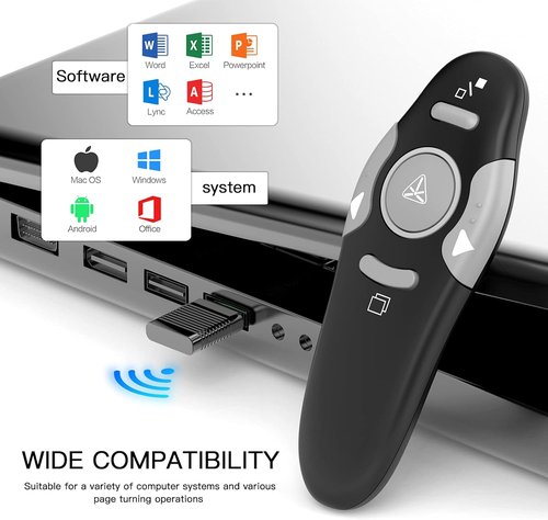 QUI Wireless Presenter Remote Clicker - PowerPoint Slide Advancer for Mac/Windows/Linux | USB A, Black
