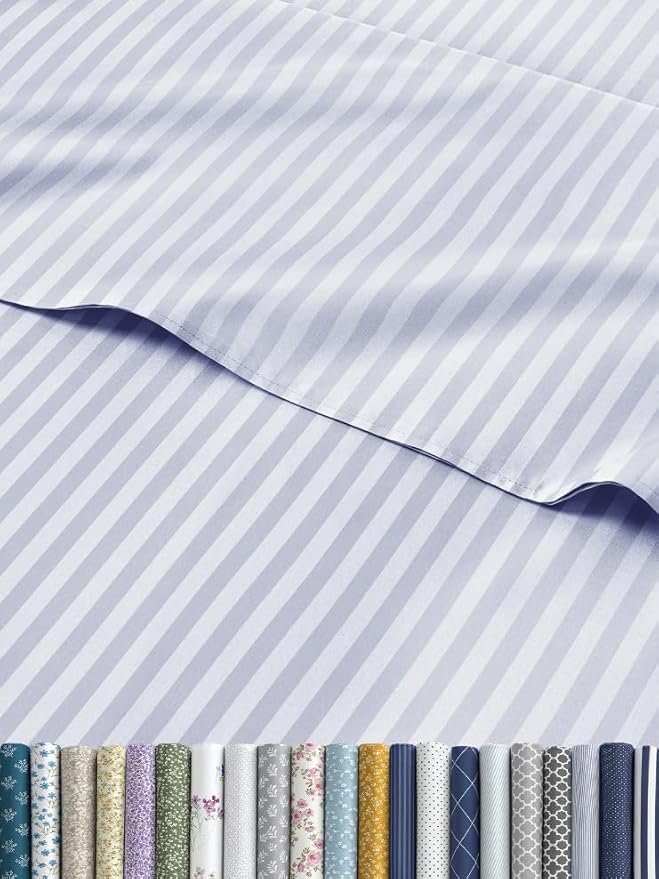 Sky Blue and White Striped Sheets - 1 Flat & 1 Fitted Sheet & 2 Pillowcases w/ Deep Pockets - Comfy, Wrinkle & Fade Free - Soft, Breathable and Cooling - Pinstripe Patterned Bedding - Queen Size