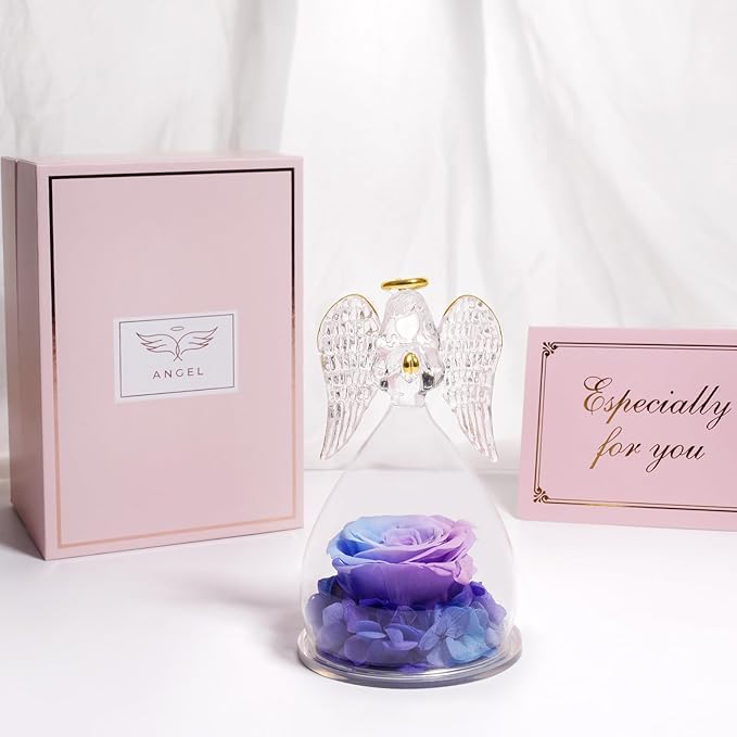 Yamonic Gifts for Mom Birthday,Angel Figurines with Real Rose Gifts for Her Mom Grandma,Preserved Flower Rose for Valentines Day Mothers Day Christmas Anniversary Birthday Gifts for Women(Blue-purple)