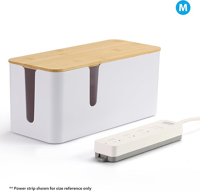 ZhiYo Bamboo Lid Cord Organizer Box, Safe ABS Cable Management Box for TV and Computer, Wood Cover Cord Hider to Hide Wires, Router, USB Hub & Under Desk Power Strip, 1 Pack L13.1 xW5.6 xH5.6 White