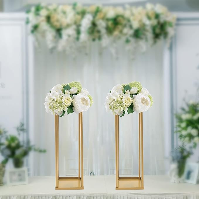 2PC 23.6" Flower Stand for Wedding Metal Cylinder Stands for Party Rectangular Gold Centerpieces Flower Vase Gold Pedestal Columns for Weddings Indoor Outdoor Flower Plant Stand Decoration