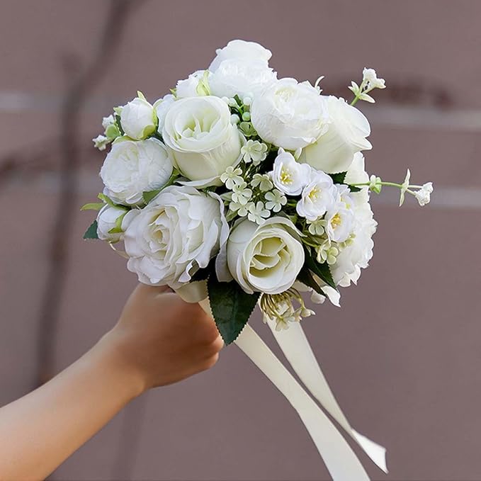 CYANLUX Wedding Bouquets for Bride Bridesmaid Bouquet Champagne White Artificial Roses Flowers for Wedding Valentine's Day Church Home Decoration… (White Rose)