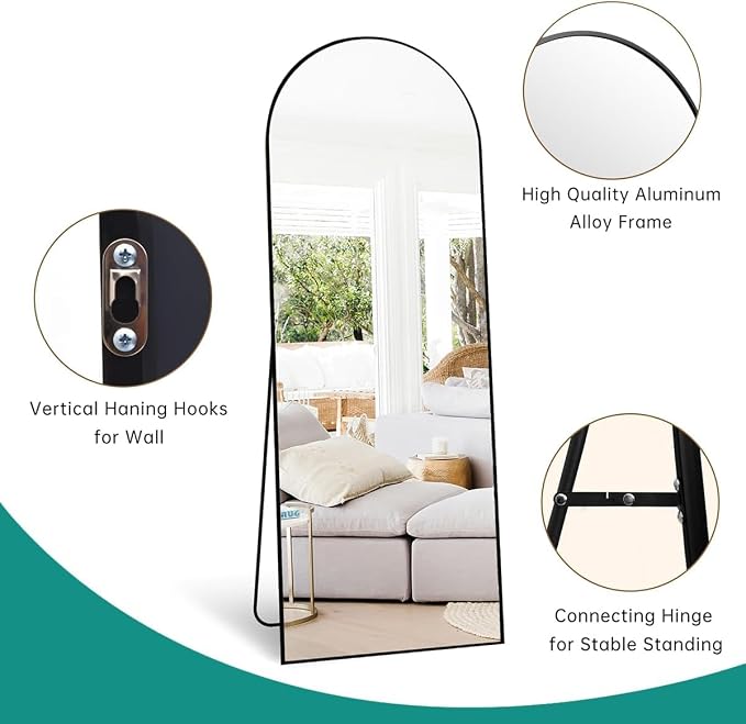 Dewfig Arched Full Length Mirror, 64"x20" Gold Mirror with Stand, Full Body Mirrors for Leaning Against or Wall Mounted, Large Floor Mirrors for Bedroom, Living Room, Black