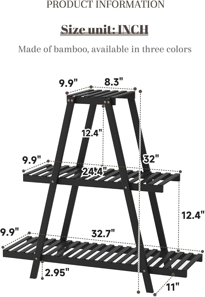 STDDRE Plant Stand For Indoor Outdoor Tiered Plant Shelf 3 Tier 8 Potted Bamboo Flower Holder Ladder Rack For Multiple Triangle Table Plant Pot Stand (Black)