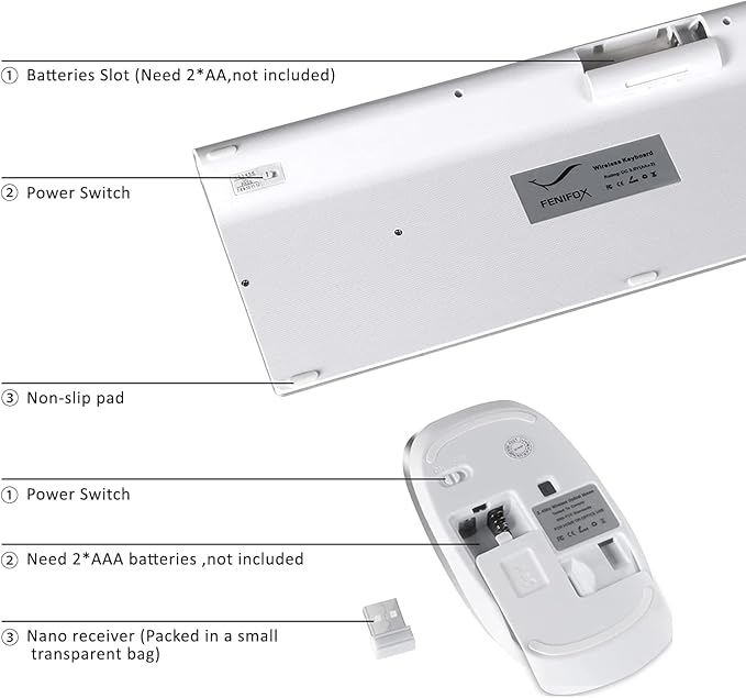 FENIFOX Keyboard and Mouse Wireless, USB 2.4GHz Combo Silent Quiet Low Profile Compact Full Size Flat Slim Thin Portable with Number Pad Soft Cover for PC Laptop Computer Office - White & Silver