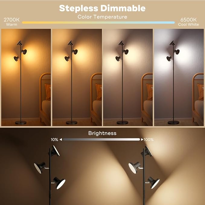 SIBRILLE RGB Floor Lamp, 36W Bright LED Standing Lamp with 3 Swivel Lights, Color Changing Tree Tall Lamp with Remote, Stepless Dimmable Modern Floor Lamps for Living Room, Bedroom, Gaming Room,Office
