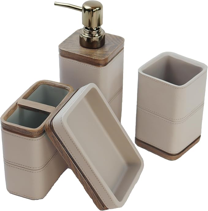 Hymmah Leather Pattern Design Bathroom Accessories Set,Farmhouse Bathroom Decor,4 Pcs Resin Gift Set Apartment Necessities, Contain Cotton Swab Jar,Soap Dispenser,Tumbler，Soap Dish/Tray