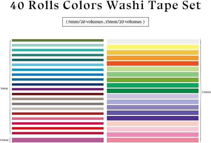 Bomichi 40 Rolls Colored Washi Tape, Aesthetic Colored Decorative Cute Scrapbook Tape for Scrapbooking Supplies Journaling Craft Junk Journal