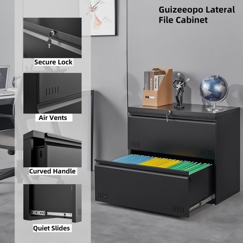 Guizeeopo Metal File Cabinet - 2-Drawer Lateral Office Storage with Lock | Heavy Duty, Black